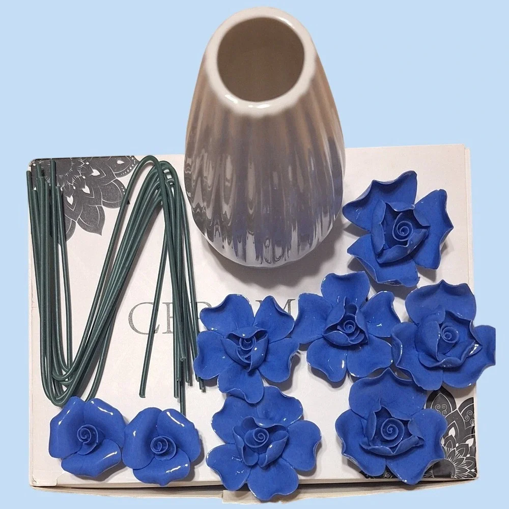 Cobalt Blue Ceramic Roses Set with White Fluted Bud Vase and Floral Stems